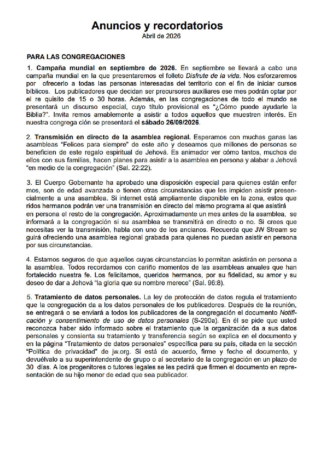 Anuncios y recordatorios